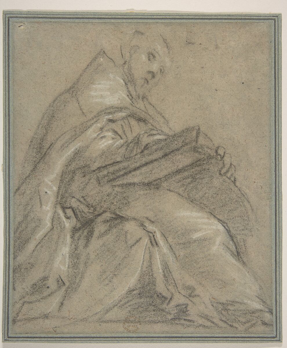 Seated Doctor of the Church Reading (Saint Ambrose or Saint Gregory), Jacopo Palma the Younger (Italian, Venice ca. 1548–1628 Venice), Black chalk, highlighted with white chalk, on blue paper faded to gray-green 