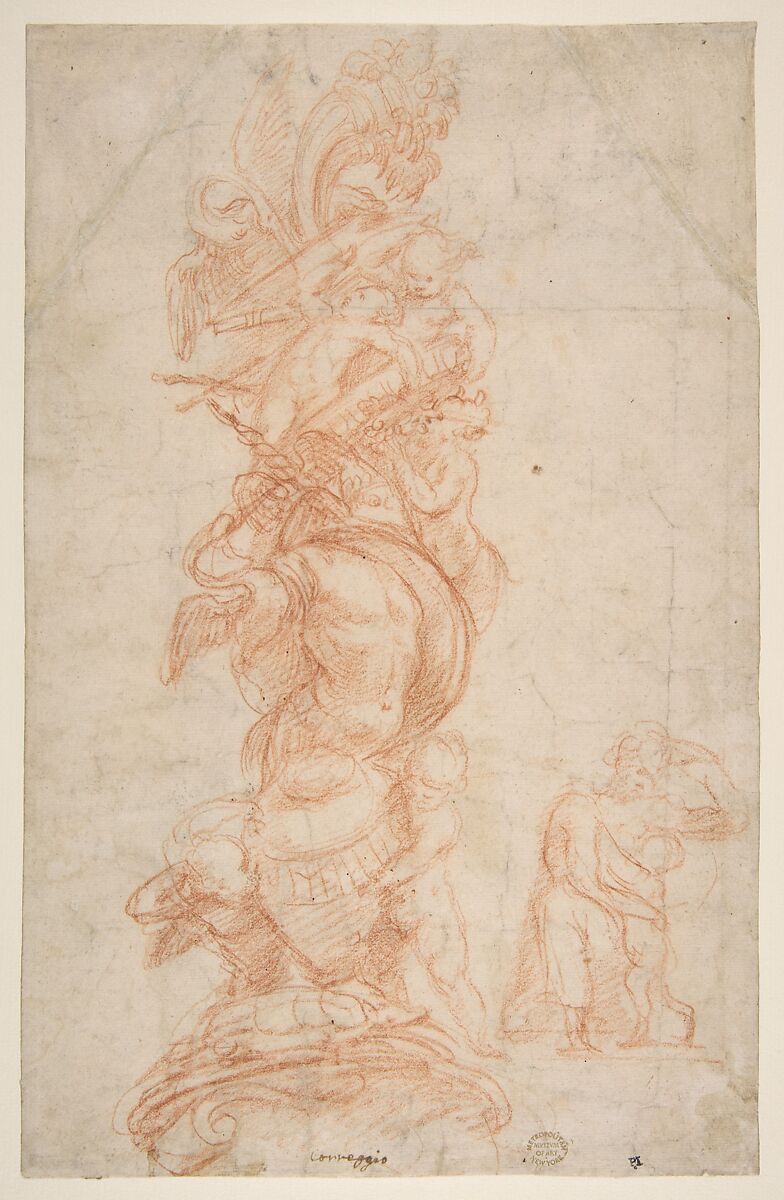 Design for the Decoration of a Pilaster (recto); Putti with Trophies and Seated Figure with Child (verso), Attributed to Giovanni Antonio da Pordenone (Giovanni Antonio de Sacchis) (Italian, Pordenone 1483?–1539 Ferrara), Red chalk (recto); red chalk studies (verso) 