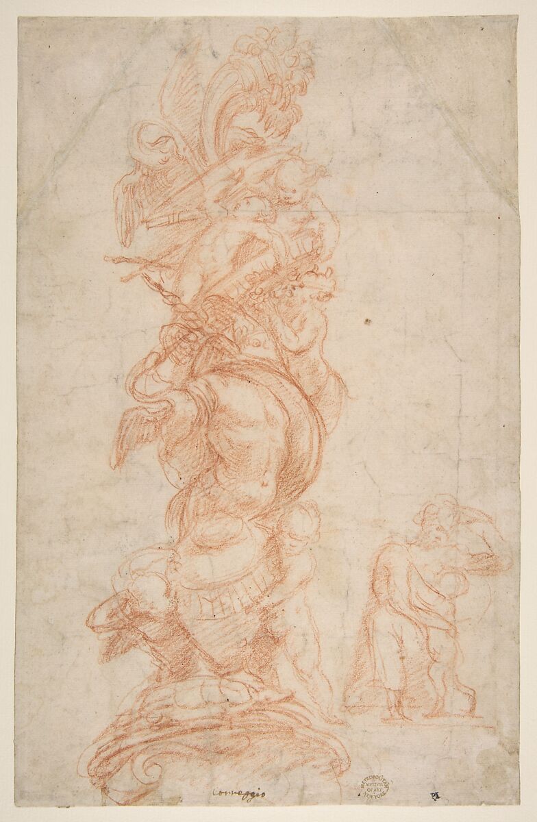 Design for the Decoration of a Pilaster (recto); Putti with Trophies and Seated Figure with Child (verso), Giovanni Antonio da Pordenone (Giovanni Antonio de Sacchis)  Italian, Red chalk (recto); red chalk studies (verso)