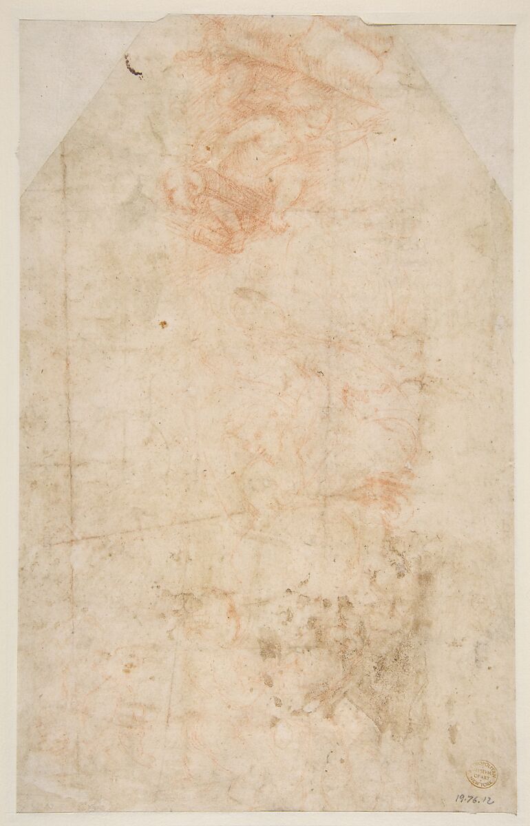 Design for the Decoration of a Pilaster (recto); Putti with Trophies and Seated Figure with Child (verso), Attributed to Giovanni Antonio da Pordenone (Giovanni Antonio de Sacchis) (Italian, Pordenone 1483?–1539 Ferrara), Red chalk (recto); red chalk studies (verso)