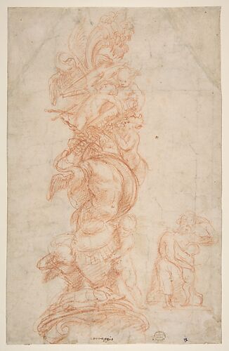 Design for the Decoration of a Pilaster (recto); Putti with Trophies and Seated Figure with Child (verso)
