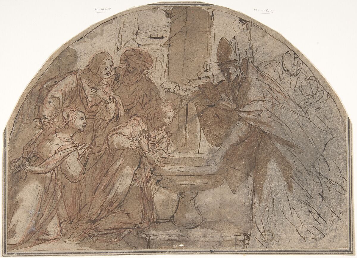 Scene of a Baptism of a Woman by a Bishop with Onlookers, Anonymous, Italian, Roman-Bolognese, 17th century, Pen and brown ink, brush and brown wash (small accidental stains of white gouache on lower left), over red chalk, on light brown paper; surface of paper rubbed extensively with black charcoal or chalk dust; framing lines in the shape of a lunette in pen and dark brown ink by the artist 
