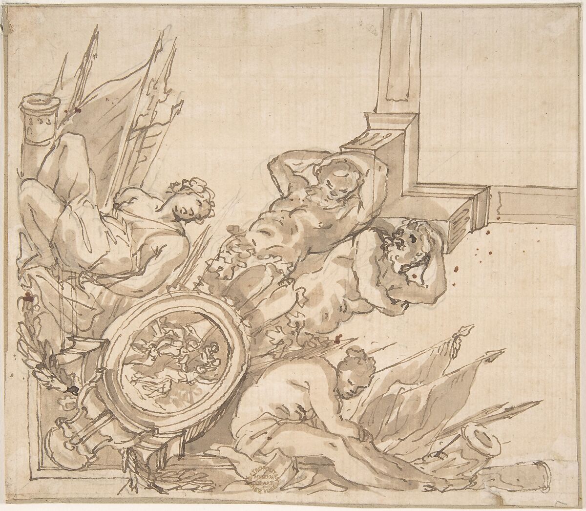 Design for a Corner of a Ceiling, Anonymous, Italian, Roman-Bolognese, 17th century, Pen and brown ink, brush and brown wash, over black chalk, on light tan paper 