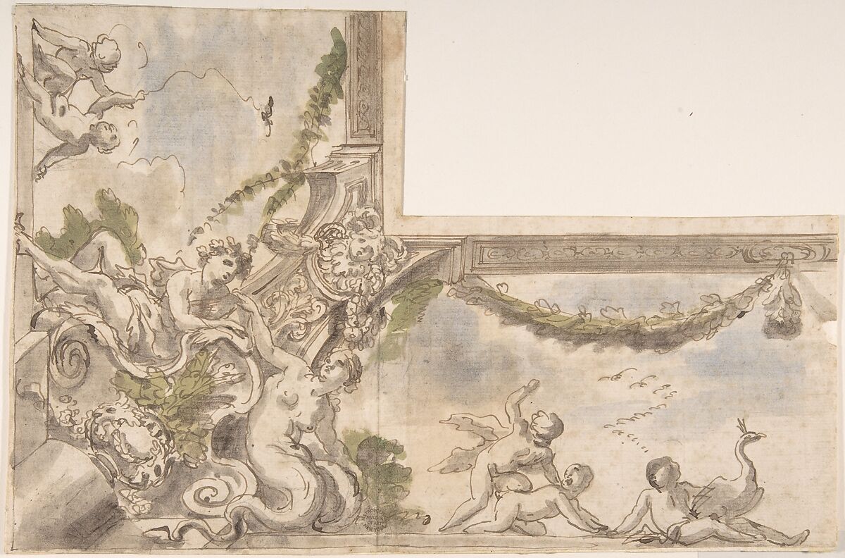 Design for a Corner of a Ceiling, Anonymous, Italian, Roman-Bolognese, 17th century, Pen and brown ink, brush with brown, blue and green wash, over black chalk, on light tan paper 