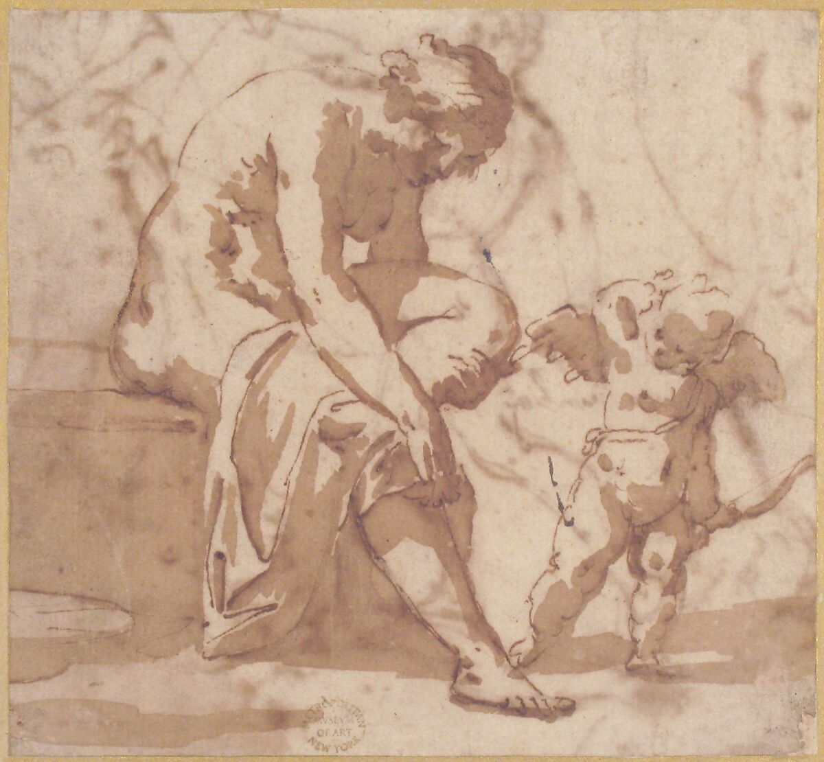 Venus Leaving the Bath, and Cupid, Anonymous, Italian, Roman-Bolognese, 17th century, Pen and brown ink, brush and brown wash