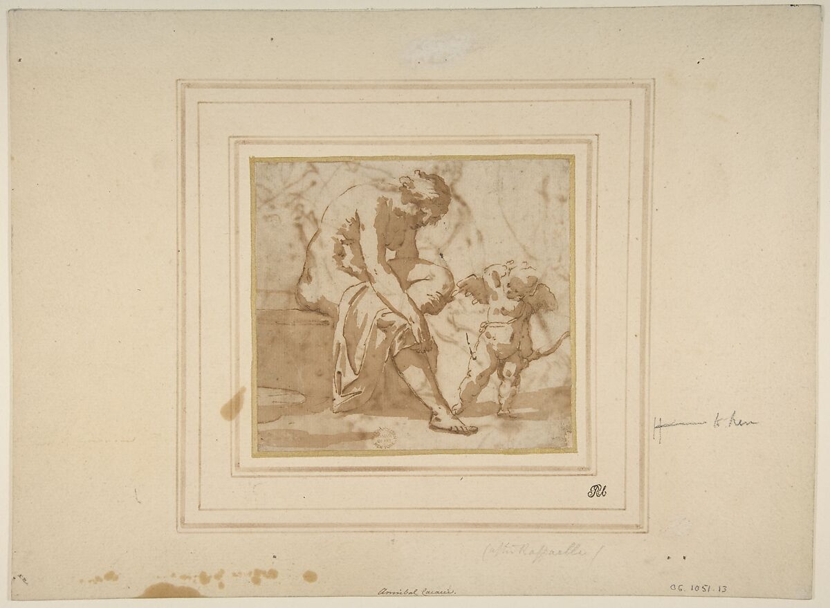 Venus Leaving the Bath, and Cupid, Anonymous, Italian, Roman-Bolognese, 17th century, Pen and brown ink, brush and brown wash, on cream paper 