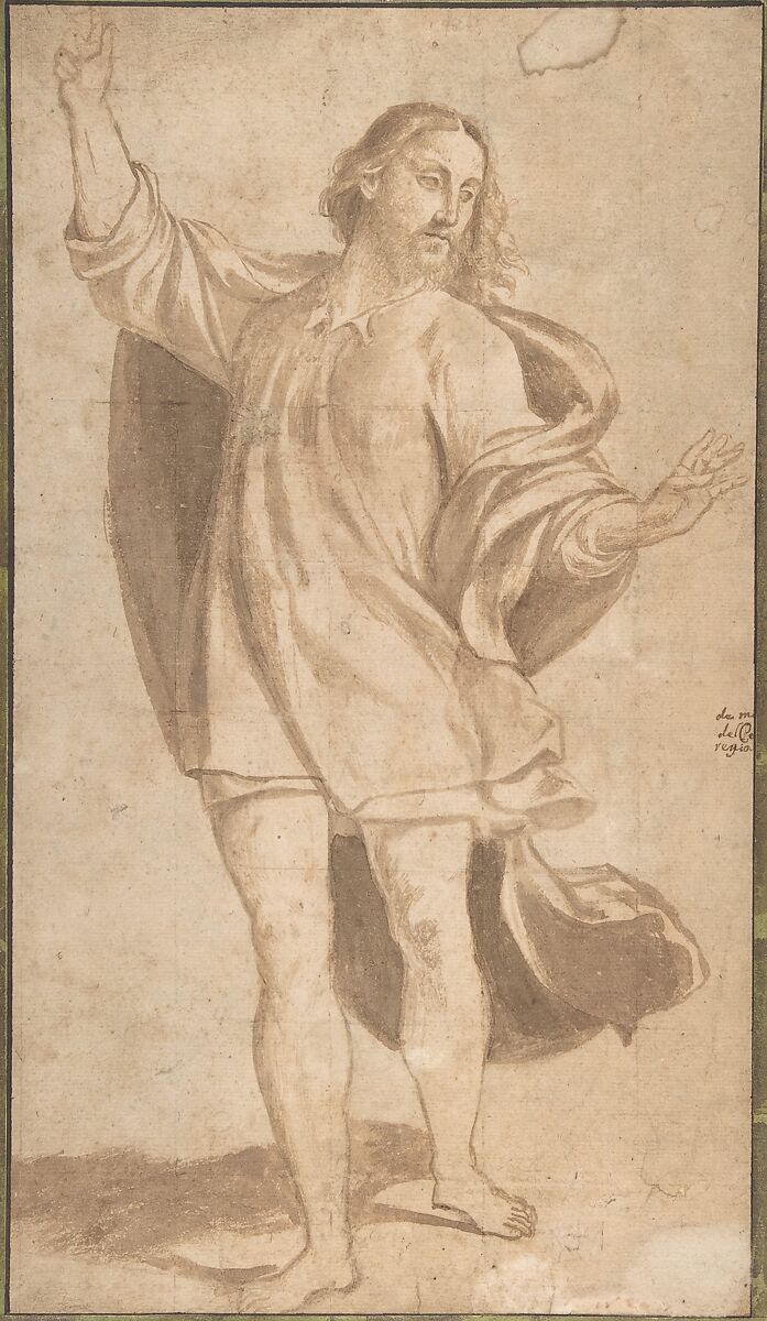 Standing Figure of Christ with Arms Upraised, Giovanni Antonio da Pordenone (Giovanni Antonio de Sacchis) (Italian, Pordenone 1483?–1539 Ferrara), Point of brush and brown wash in two shades, faintly squared in charcoal, on beige paper 