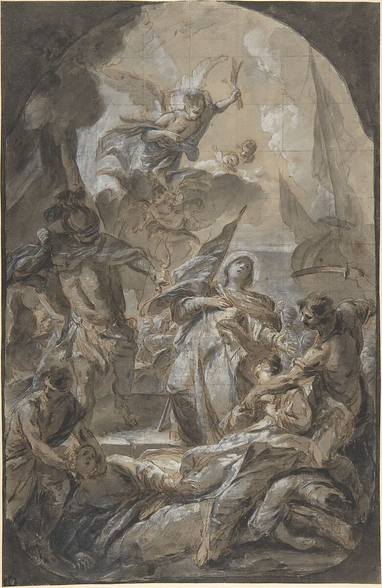 Martyrdom of Saint Ursula? Saint Paula?, Anonymous, Italian, Roman-Bolognese, 17th century, Pen and brown ink, brush and black and gray wash, highlighted with white gouache on light brown paper; squared for transfer in black chalk 