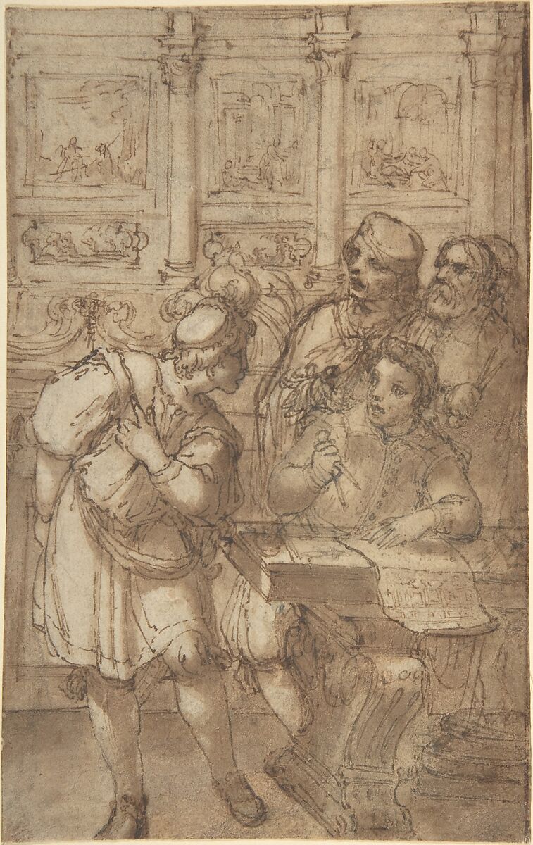 Architect in His Study Holding a Compass and Conversing with Three Men, Attributed to Agostino Tassi (Italian, Ponzano Romano ca. 1580–1644 Rome), Pen and brown ink, brush and brown wash, over traces of black chalk on cream paper; framing line along right edge in brown ink 