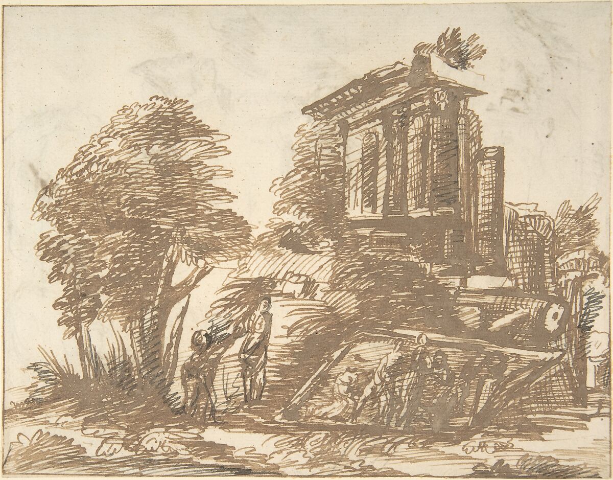 Figures in a Landscape with Classical Ruins (recto); Six Figure Studies (verso), Anonymous, Italian, Roman-Bolognese, 17th century, Pen with brown and black ink on cream laid paper (recto); Pen and brown inks (verso) Fragments of framing outline on all edges of recto 