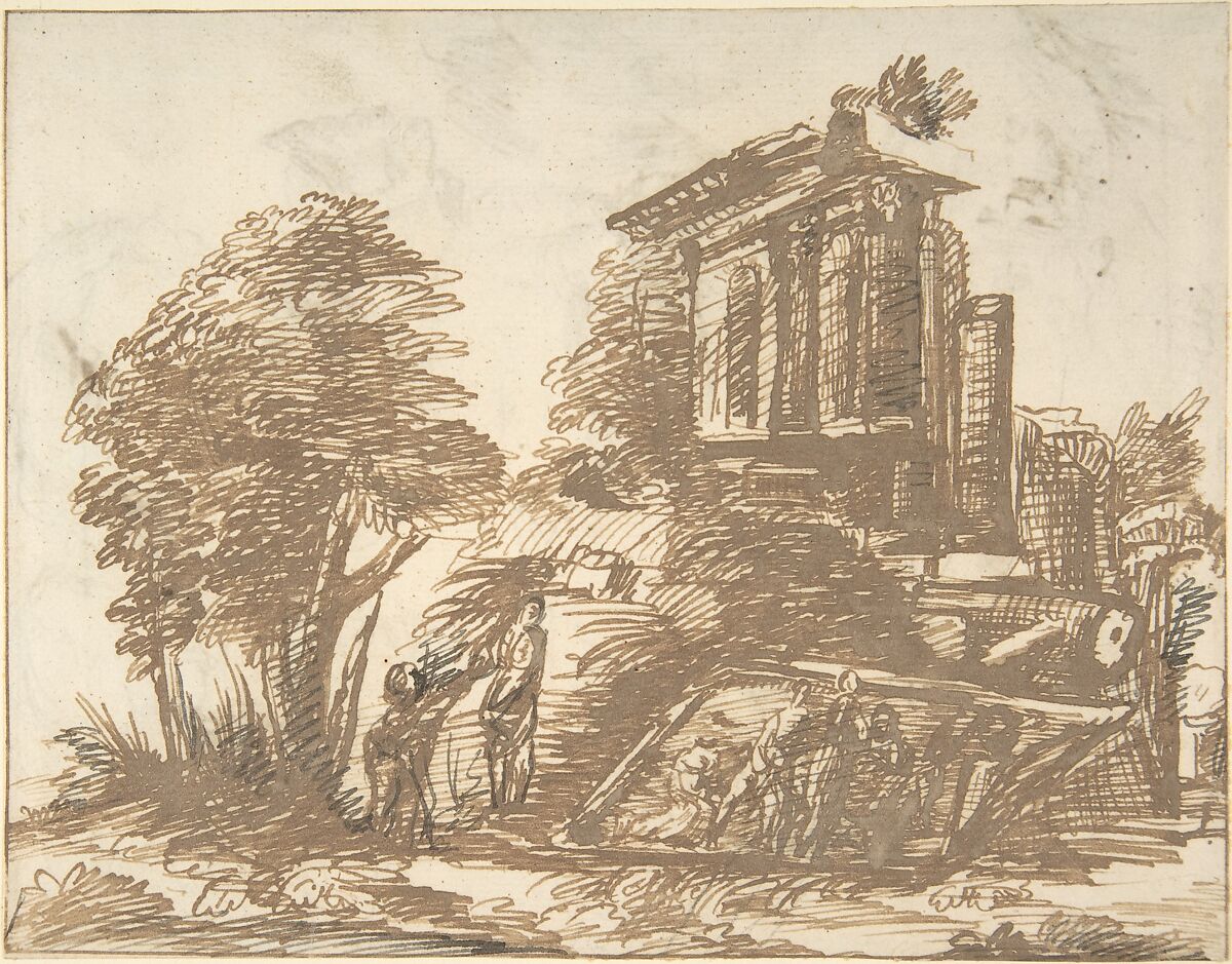 Figures in a Landscape with Classical Ruins (recto); Six Figure Studies (verso), Anonymous, Italian, Roman-Bolognese, 17th century, Pen and brown and black ink on cream laid paper (recto); pen and brown ink (verso); fragments of framing lines 