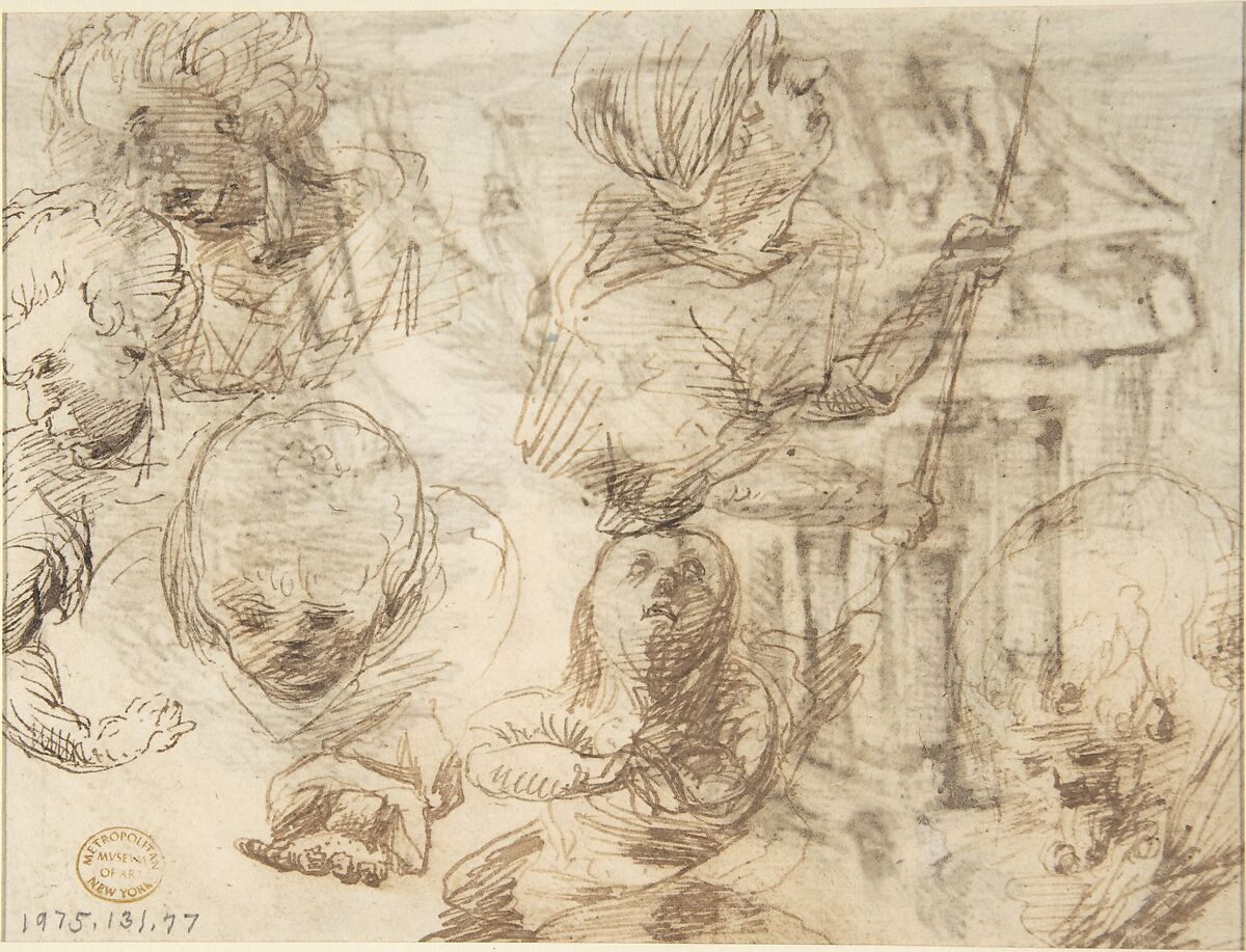 Figures in a Landscape with Classical Ruins (recto); Six Figure Studies (verso), Anonymous, Italian, Roman-Bolognese, 17th century, Pen and brown and black ink on cream laid paper (recto); pen and brown ink (verso); fragments of framing lines