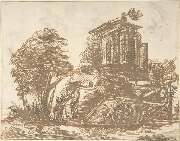 Figures in a Landscape with Classical Ruins (recto); Six Figure Studies (verso)