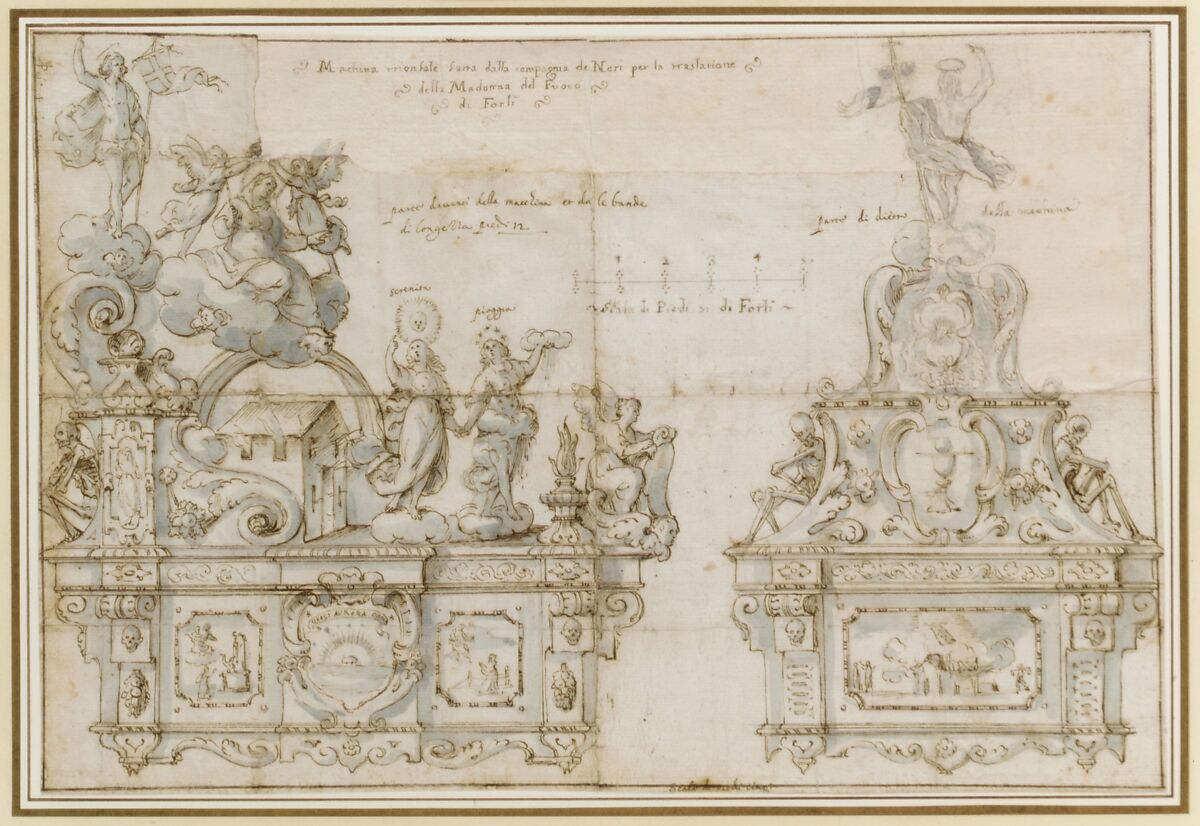 Design for a Processional Float, Anonymous, Italian, Roman-Bolognese, 17th century, Pen and brown ink, brush and blue wash, over lead on cream paper (recto). Stylus-ruled line along bottom edge. Ruled framing outline in black ink; pen and brown inks (verso). Fragments of framing outline on all edges of recto