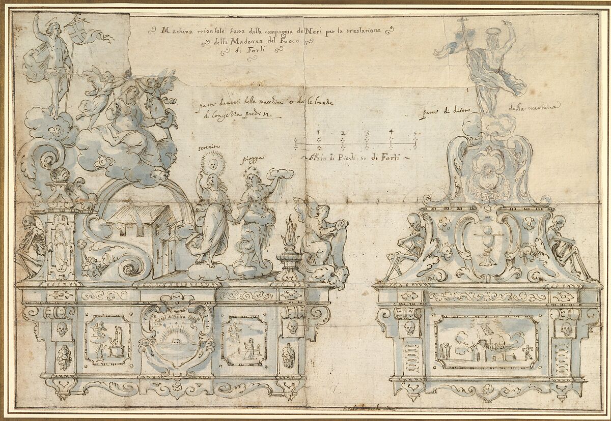 Design for a Processional Float, Anonymous, Italian, Roman-Bolognese, 17th century, Pen and brown ink, brush and blue wash, over lead on cream paper (recto). Stylus-ruled line along bottom edge. Ruled framing outline in black ink; pen and brown inks (verso). Fragments of framing outline on all edges of recto 