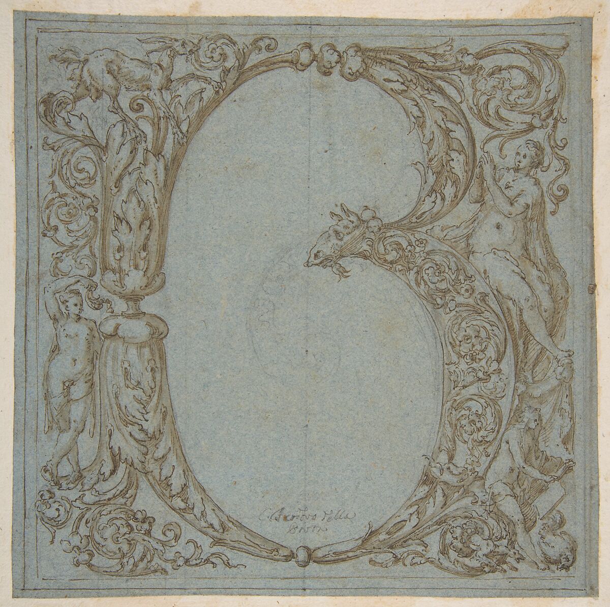 Design for an Ornamental Initial: B, Teodoro della Porta (Italian, Rome 1567–1638 Rome), Pen and brown ink, brown wash, over black chalk on blue paper 