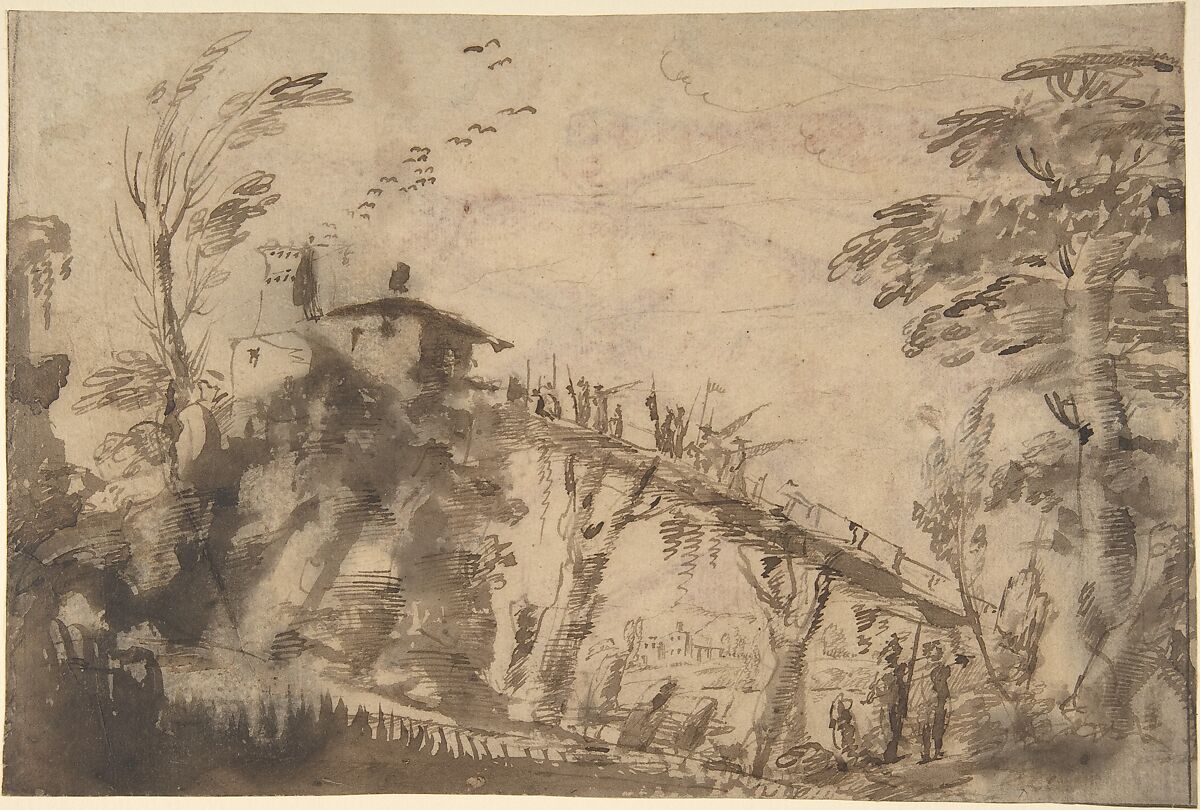 Landscape with Figures Crossing a Bridge (recto); Study of a Nude Male, Study of Legs, Study of Head in Profile to the Right (verso), Anonymous, Italian, Roman-Bolognese, 17th century, Pen and brown ink, brush and brown wash (recto); red chalk with some highlights in white chalk, some scribbles in black chalk at top edge (drawings on verso oriented vertically on sheet) (verso
Cream colored paper.
Fragments of framing outlines in brown ink visible along left, right, and bottom edges. Trace of black chalk framing line along upper left edge 