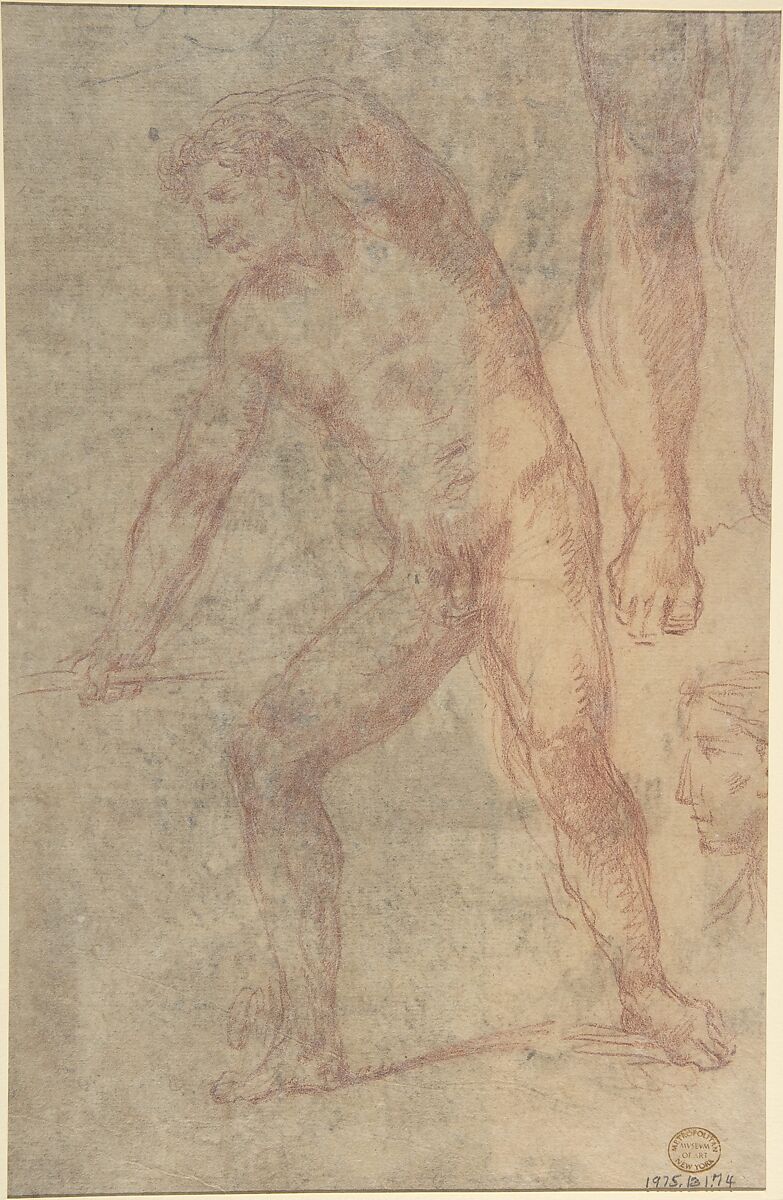 Landscape with Figures Crossing a Bridge (recto); Study of a Nude Male, Study of Legs, Study of Head in Profile to the Right (verso), Anonymous, Italian, Roman-Bolognese, 17th century, Pen and brown ink, brush and brown wash (recto); red chalk with some highlights in white chalk, some scribbles in black chalk at top edge (drawings on verso oriented vertically on sheet) (verso
Cream colored paper.
Fragments of framing outlines in brown ink visible along left, right, and bottom edges. Trace of black chalk framing line along upper left edge