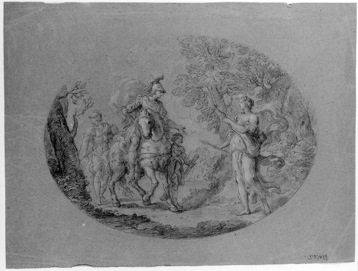 Venus Disguised as a Huntress Appears to Aeneas (Aeneid I: 305 ff.), Stefano Pozzi (Italian, Rome 1699–1768 Rome), Black chalk, highlighted with white chalk, on blue paper