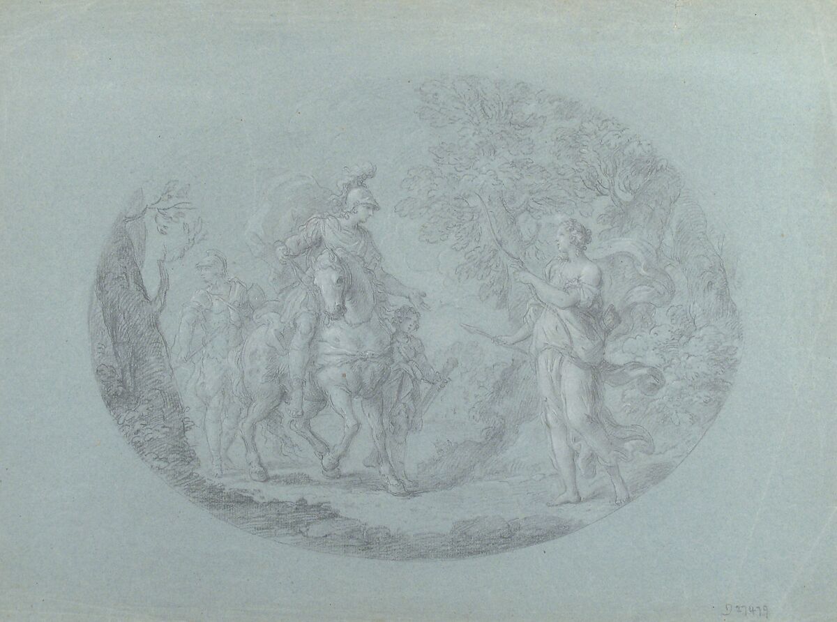 Venus Disguised as a Huntress Appears to Aeneas (Aeneid I: 305 ff.), Stefano Pozzi (Italian, Rome 1699–1768 Rome), Black chalk, highlighted with white chalk, on blue paper