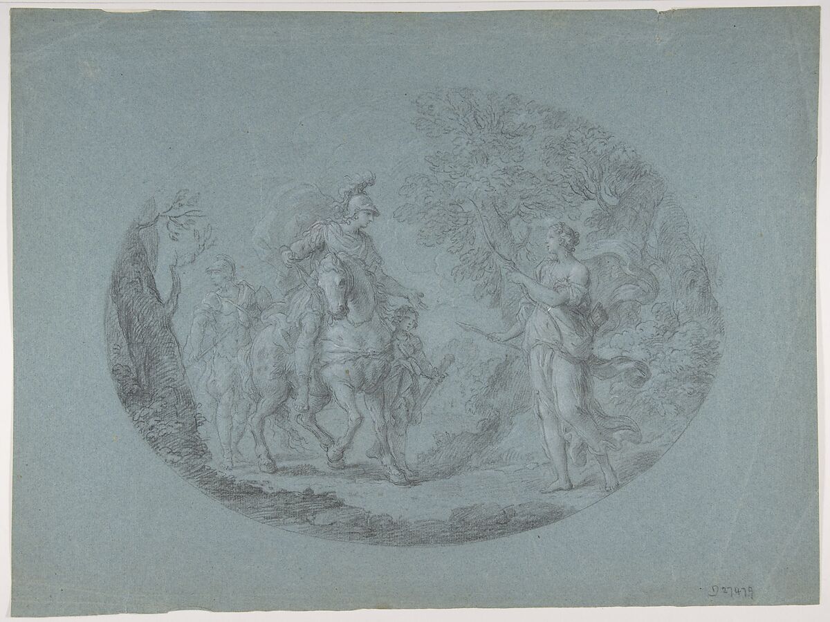 Venus Disguised as a Huntress Appears to Aeneas (Aeneid I: 305 ff.), Stefano Pozzi (Italian, Rome 1699–1768 Rome), Black chalk, highlighted with white chalk, on blue paper 