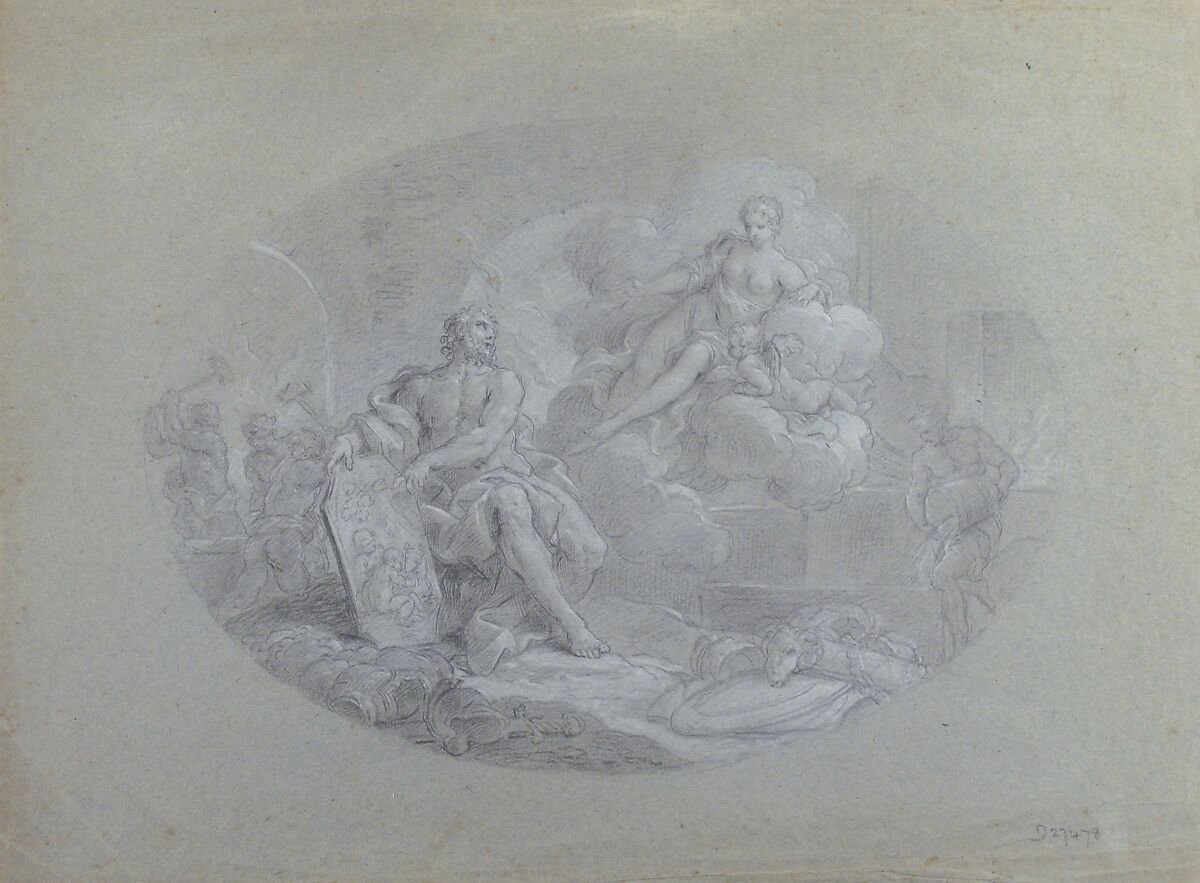 Venus in the Forge of Vulcan (Aeneid VIII: 370 ff), Stefano Pozzi (Italian, Rome 1699–1768 Rome), Black chalk, highlighted with white chalk, on blue-green paper