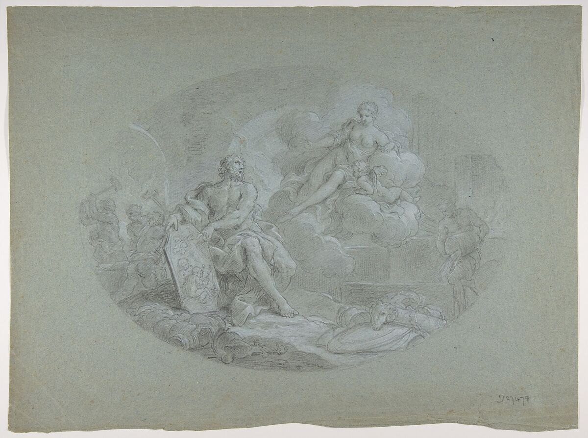 Venus in the Forge of Vulcan (Aeneid VIII: 370 ff), Stefano Pozzi (Italian, Rome 1699–1768 Rome), Black chalk, highlighted with white chalk, on blue-green paper 