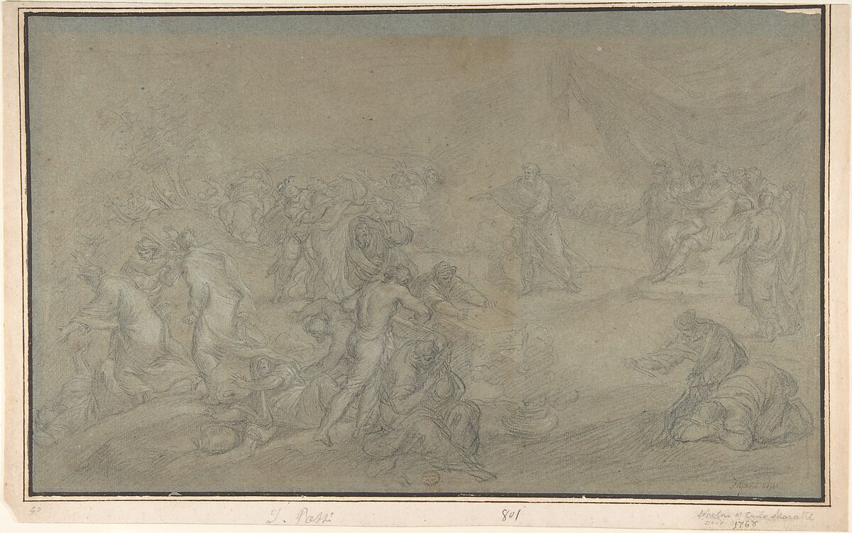 The Contest of Elijah and the Prophets of Baal on Mount Carmel (I Kings 18: 20-46), Stefano Pozzi (Italian, Rome 1699–1768 Rome), Black chalk, highlighted with white chalk, on blue paper faded to brown 