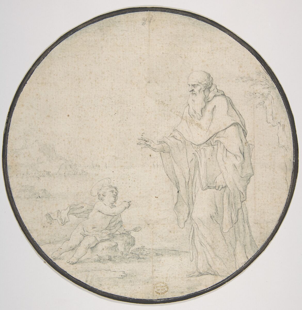 St. Augustine and the Child on the Seashore, Andrea Pozzo (Italian, Trento 1642–1709 Vienna), Black chalk washed with faint green 
