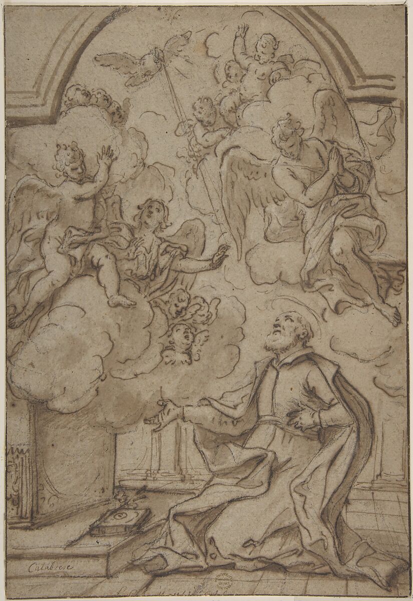 Saint in Ecstasy, attributed to Mattia Preti (Il Cavalier Calabrese) (Italian, Taverna 1613–1699 Valletta), Pen and brown ink, washed, on brownish paper 