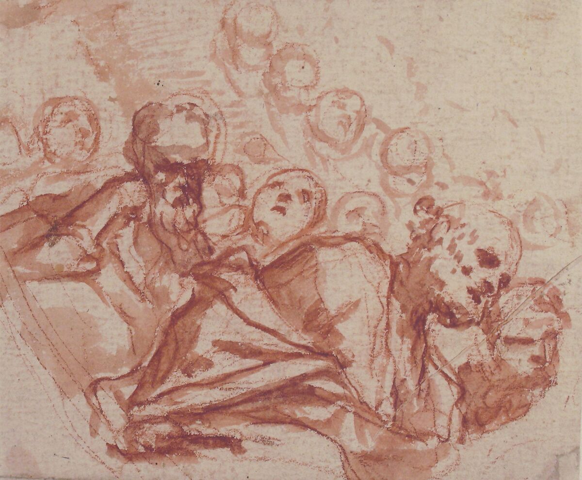 A Group of Saints and Angels (recto); Studies of a Male Figure in a Pendentive (verso), Mattia Preti (Il Cavalier Calabrese) (Italian, Taverna 1613–1699 Valletta), Red chalk, brush and red wash (recto and verso)