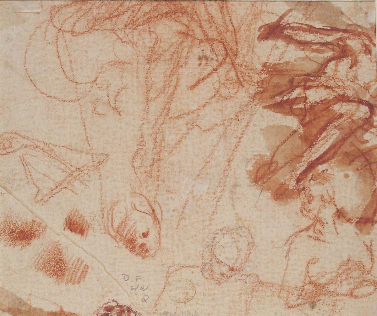 A Group of Saints and Angels (recto); Studies of a Male Figure in a Pendentive (verso), Mattia Preti (Il Cavalier Calabrese) (Italian, Taverna 1613–1699 Valletta), Red chalk, brush and red wash (recto and verso)