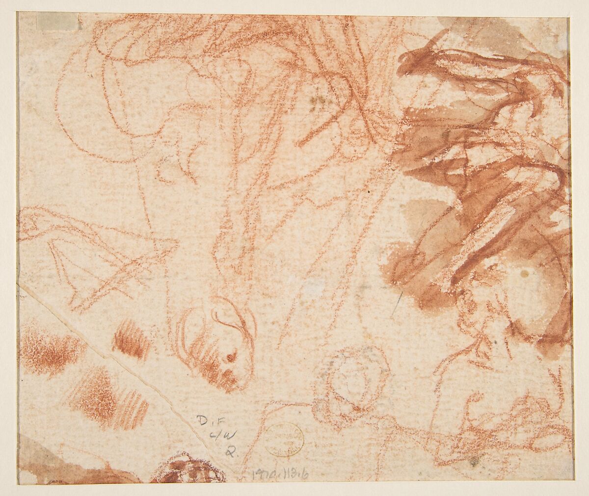 A Group of Saints and Angels (recto); Studies of a Male Figure in a Pendentive (verso), Mattia Preti (Il Cavalier Calabrese) (Italian, Taverna 1613–1699 Valletta), Red chalk, brush and red wash (recto and verso)
