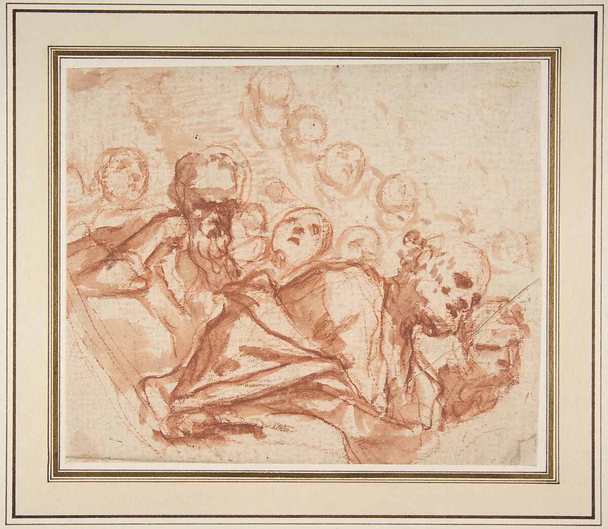 A Group of Saints and Angels (recto); Studies of a Male Figure in a Pendentive (verso), Mattia Preti (Il Cavalier Calabrese) (Italian, Taverna 1613–1699 Valletta), Red chalk, brush and red wash (recto and verso) 