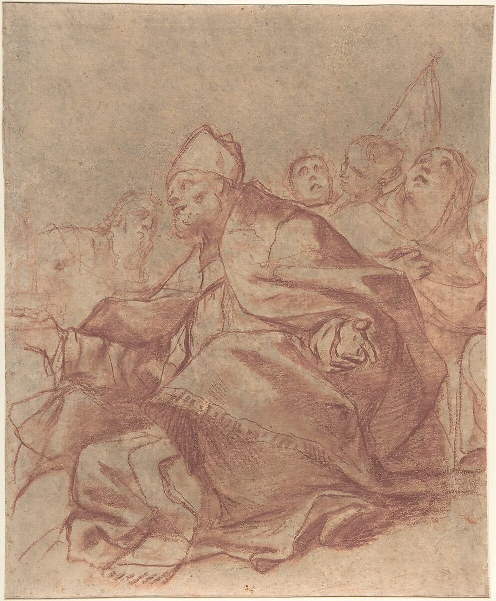 Seated Bishop with Arms Extended and Three Attendant Figures (recto); Head of a Lion and Perspective Diagrams (verso), Mattia Preti (Il Cavalier Calabrese) (Italian, Taverna 1613–1699 Valletta), Red chalk, brush and red wash (recto); red chalk (verso), on beige paper 