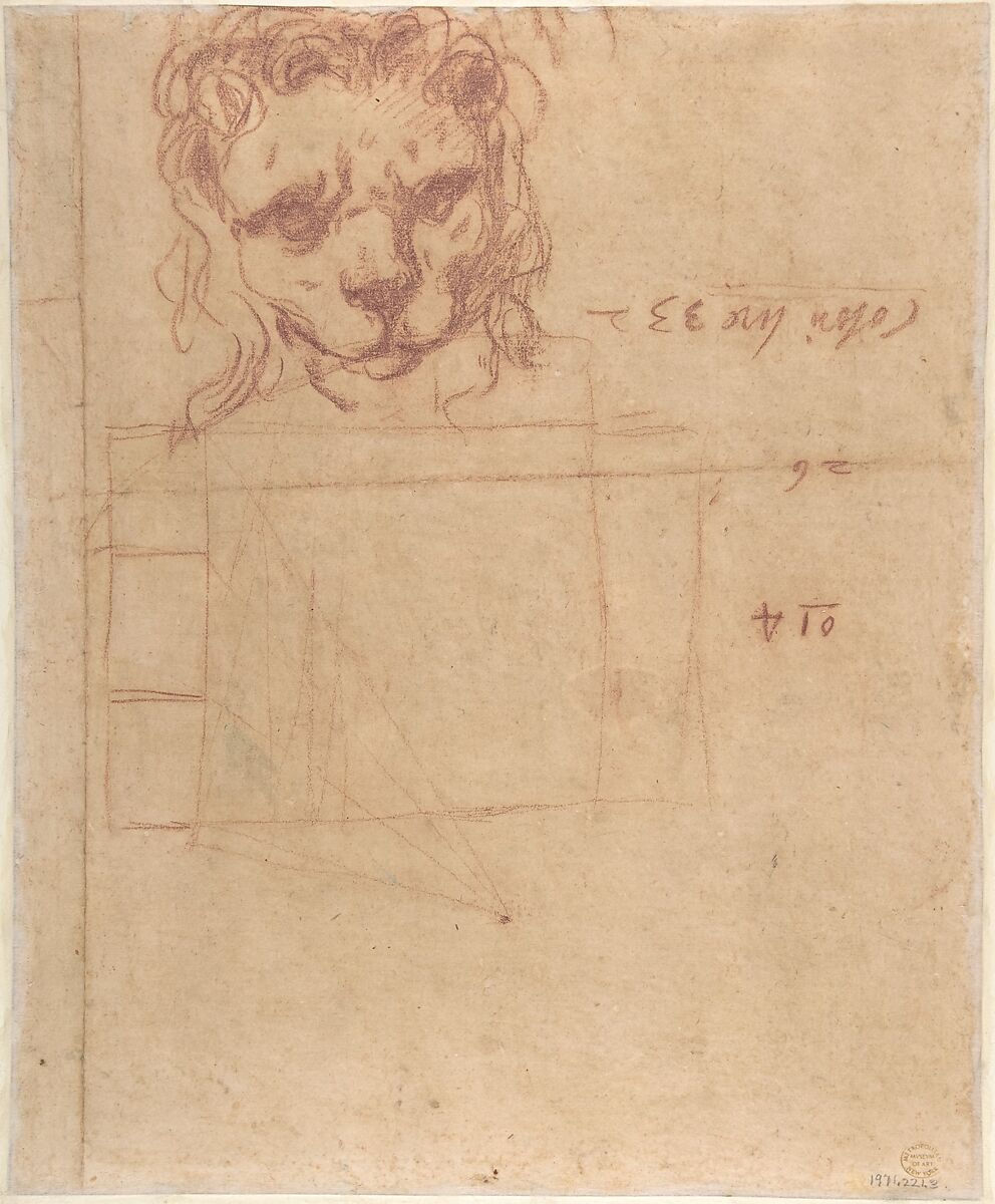 Seated Bishop with Arms Extended and Three Attendant Figures (recto); Head of a Lion and Perspective Diagrams (verso), Mattia Preti (Il Cavalier Calabrese) (Italian, Taverna 1613–1699 Valletta), Red chalk, brush and red wash (recto); red chalk (verso), on beige paper