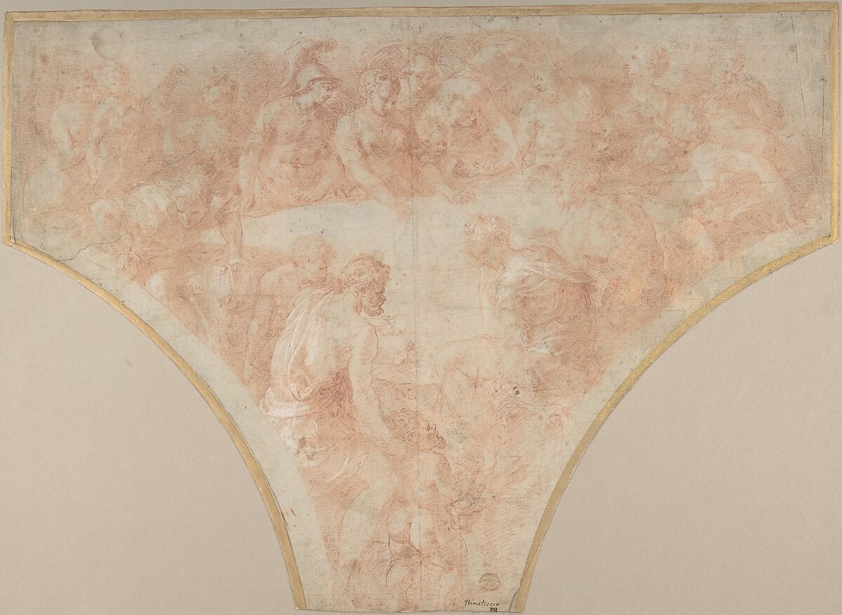 Apple of Discord Thrown by Eris at the Marriage of Peleus and Thetis: Study for Fresco in the Hall of Henri II at Fountainebleau, Francesco Primaticcio (Italian, Bologna 1504/5–1570 Paris), Red chalk, highlighted with white gouache, on beige paper 