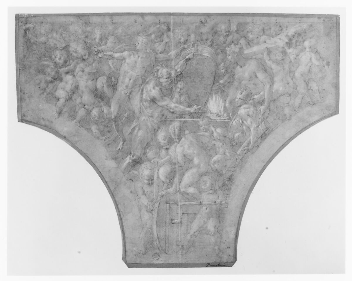 Vulcan Forging the Darts of Cupid, Francesco Primaticcio (Italian, Bologna 1504/5–1570 Paris), Red chalk, highlighted with white gouache, on brownish paper