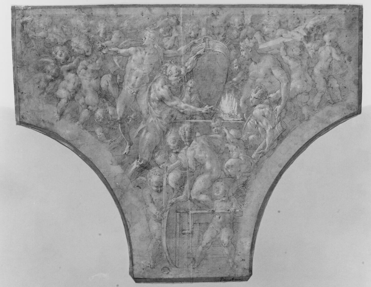 Vulcan Forging the Darts of Cupid, Francesco Primaticcio (Italian, Bologna 1504/5–1570 Paris), Red chalk, highlighted with white gouache, on brownish paper