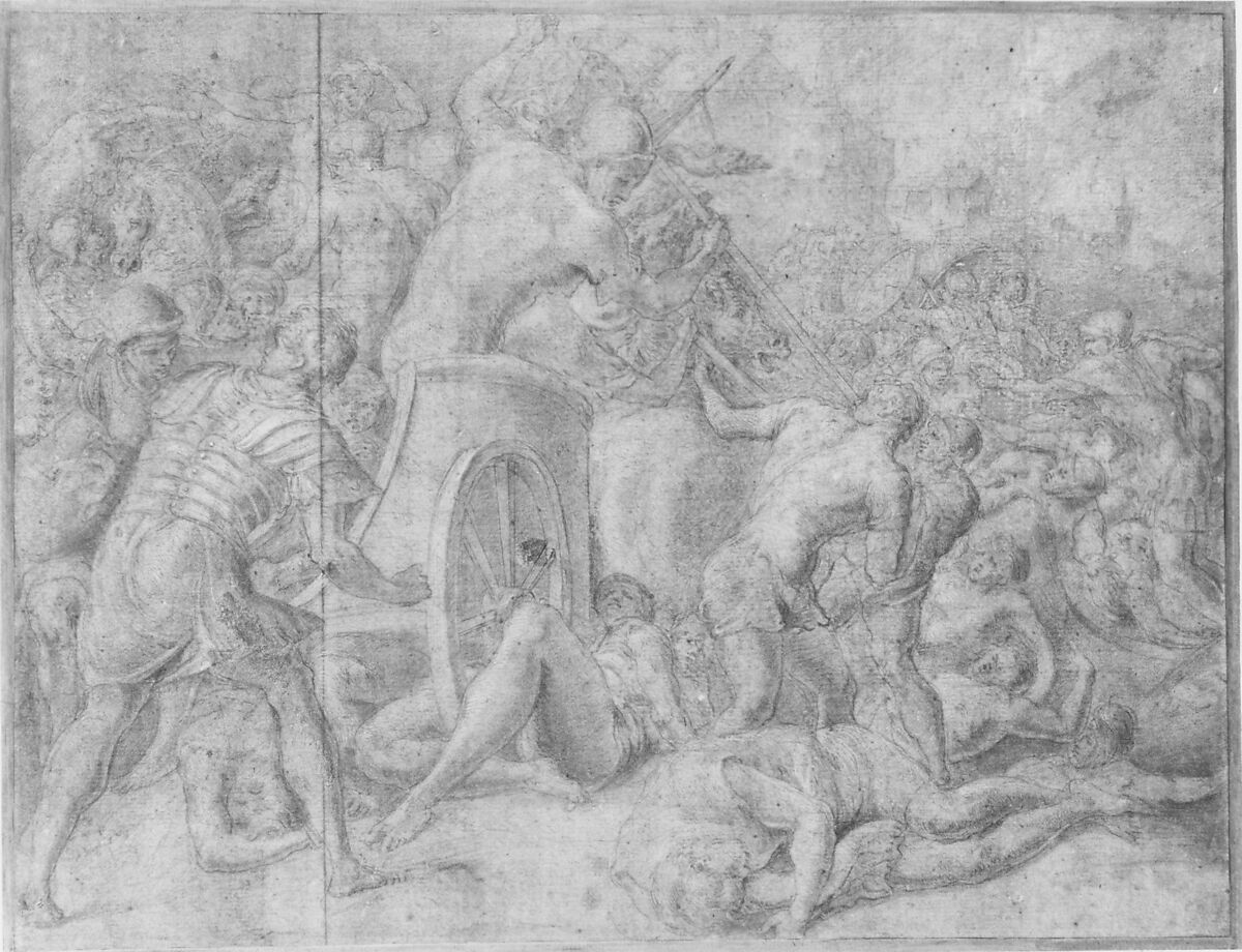 Ulysses and His Companions Fighting the Cicones Before the City of Ismaros, Study for a Destroyed Fresco in the Galerie d'Ulysee, Chateau de Fontainebleau, Francesco Primaticcio (Italian, Bologna 1504/5–1570 Paris), Red chalk highlighted with white gouache, on red-washed paper