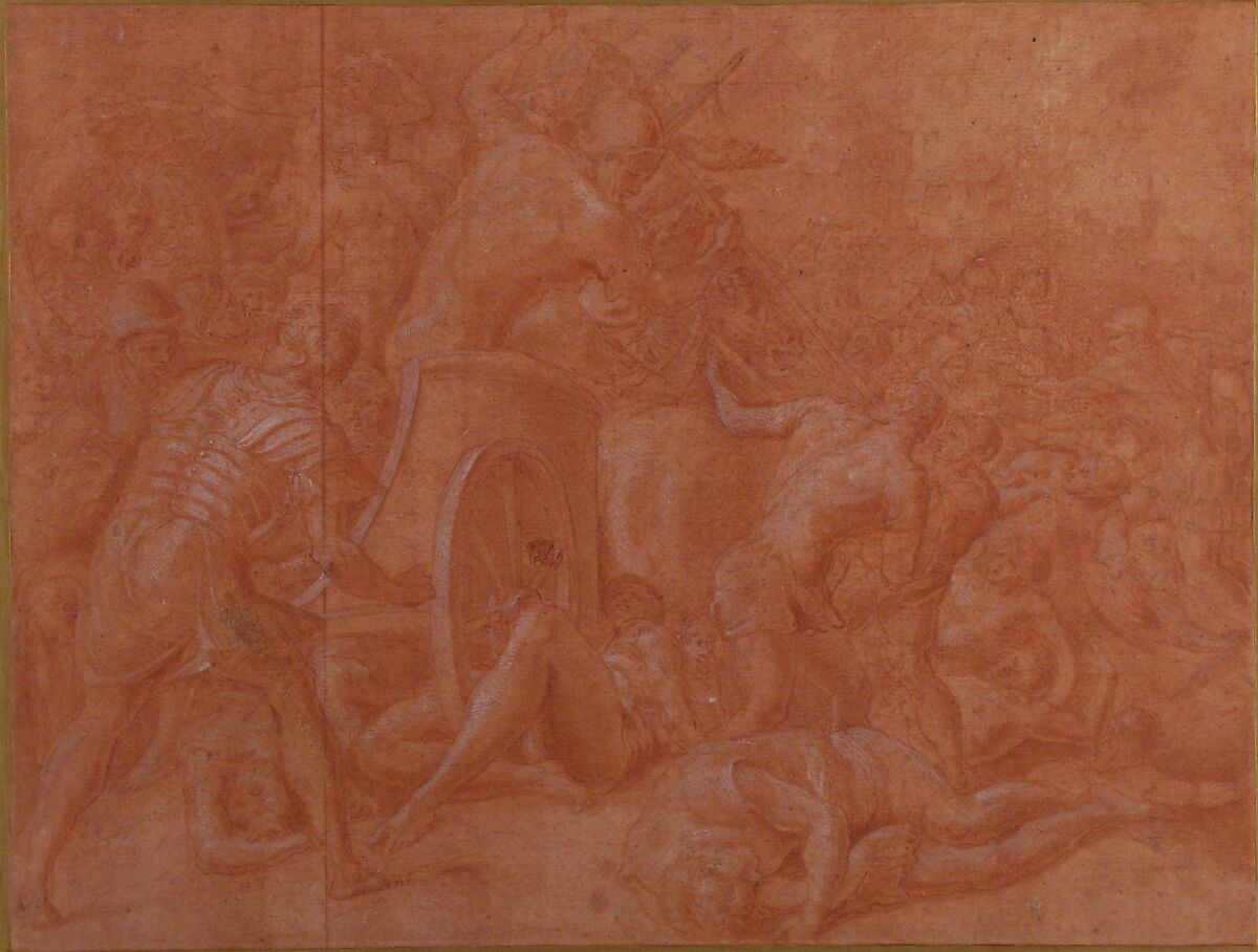 Ulysses and His Companions Fighting the Cicones Before the City of Ismaros, Study for a Destroyed Fresco in the Galerie d'Ulysee, Chateau de Fontainebleau, Francesco Primaticcio (Italian, Bologna 1504/5–1570 Paris), Red chalk highlighted with white gouache, on red-washed paper