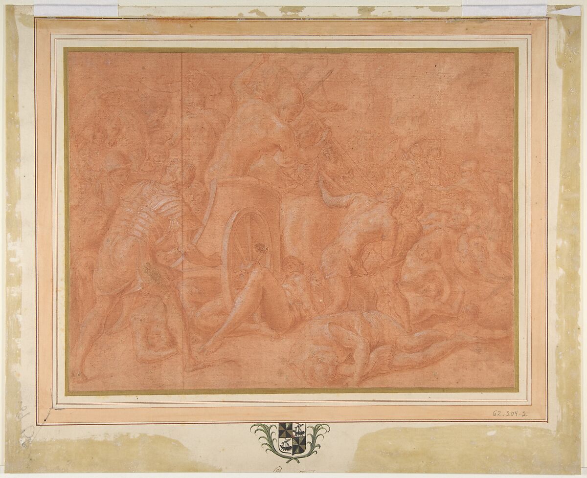 Ulysses and His Companions Fighting the Cicones Before the City of Ismaros, Study for a Destroyed Fresco in the Galerie d'Ulysee, Chateau de Fontainebleau, Francesco Primaticcio (Italian, Bologna 1504/5–1570 Paris), Red chalk highlighted with white gouache, on red-washed paper 