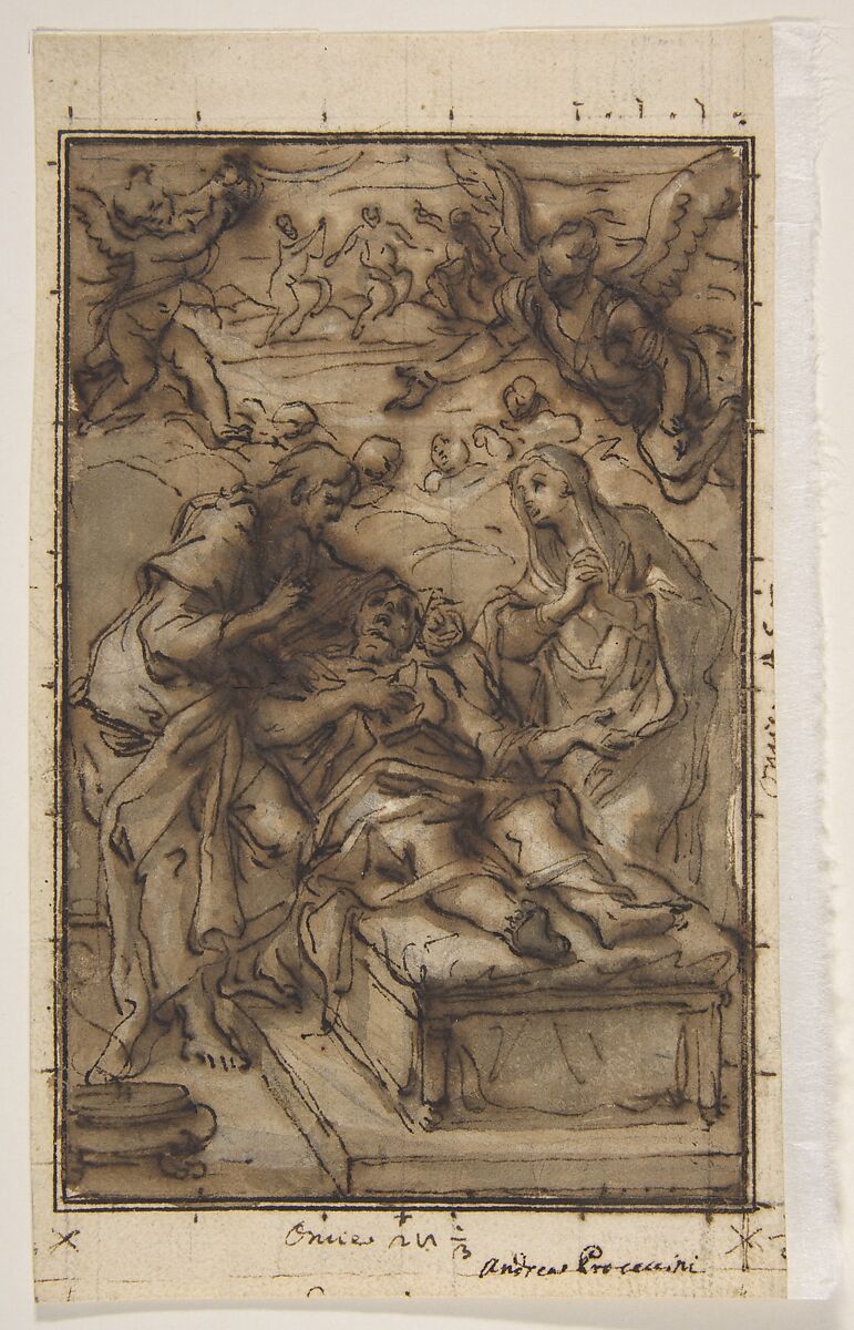 The Death of Saint Joseph, Niccolò Ricciolini (Italian, Rome 1687–1772 Rome), Pen and brown ink, brush and brown wash, over traces of charcoal (or black chalk), lightly squared in charcoal 