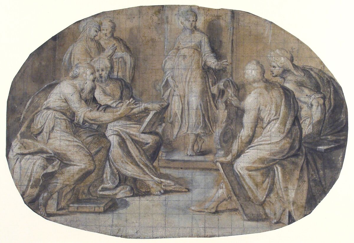 The Virgin and Saint Joseph find Jesus Disputing with the Doctors in the Temple, Camillo Procaccini (Italian, Bologna 1555–1629 Milan), Pen and black ink, brush and gray wash, highlighted with white gouache, over charcoal, on brownish paper