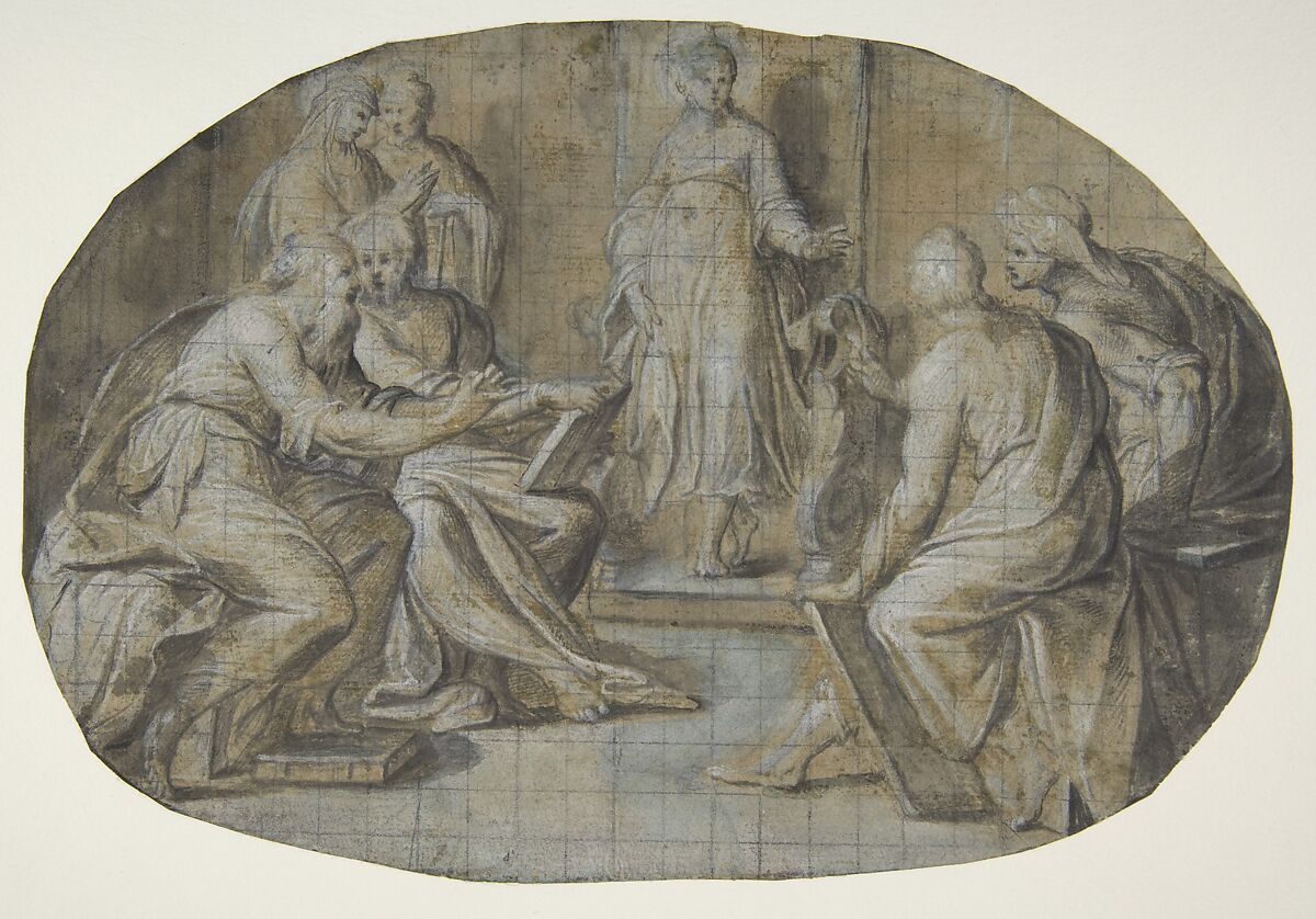 The Virgin and Saint Joseph find Jesus Disputing with the Doctors in the Temple, Camillo Procaccini (Italian, Bologna 1555–1629 Milan), Pen and black ink, brush and gray wash, highlighted with white gouache, over charcoal, on brownish paper 