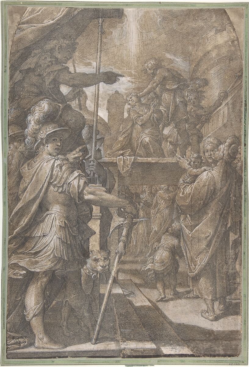 Martyrdom of a Female Saint (Agnes?), Camillo Procaccini (Italian, Bologna 1555–1629 Milan), Charcoal, brush and gray wash, highlighted with white gouache, on brown paper; ruled lines in pen and brown ink 