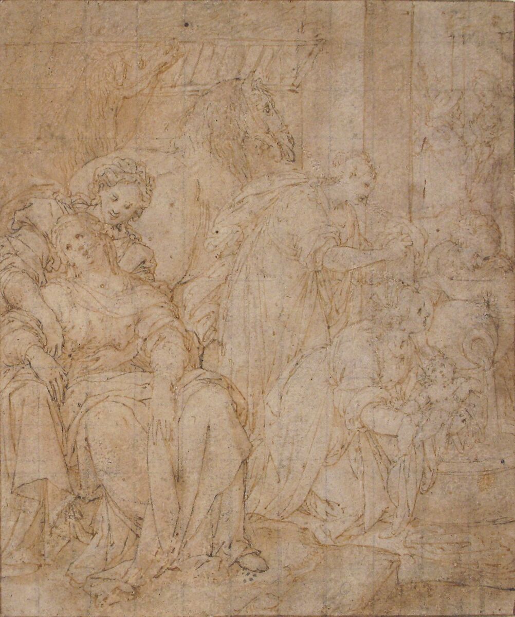 The Birth of Saint Francis of Assisi, Camillo Procaccini (Italian, Bologna 1555–1629 Milan), Pen and brown ink, brush and pale brown wash, on beige paper.  Squared in charcoal