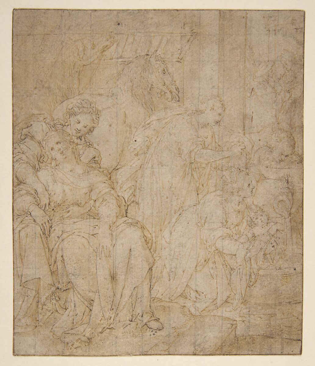 The Birth of Saint Francis of Assisi, Camillo Procaccini (Italian, Bologna 1555–1629 Milan), Pen and brown ink, brush and pale brown wash, on beige paper.  Squared in charcoal 
