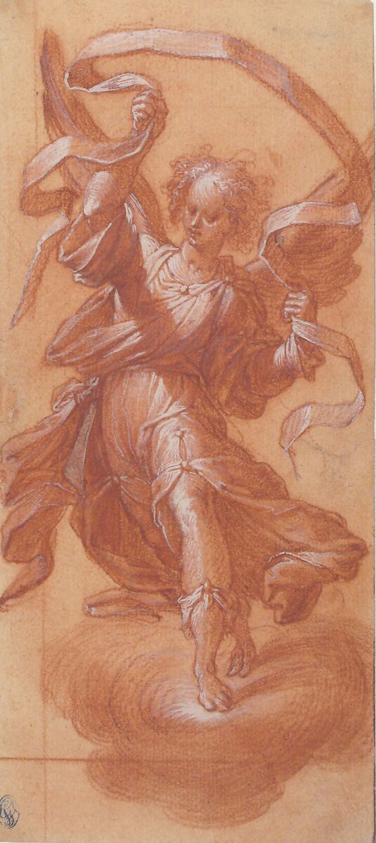 Angel with a Banderole, Camillo Procaccini (Italian, Bologna 1555–1629 Milan), Red chalk, brush and red wash, highlighted with white