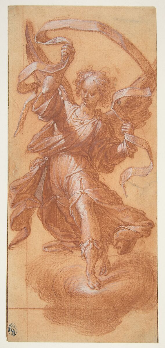 Angel with a Banderole, Camillo Procaccini (Italian, Bologna 1555–1629 Milan), Red chalk, brush and red wash, highlighted with white, on beige paper 